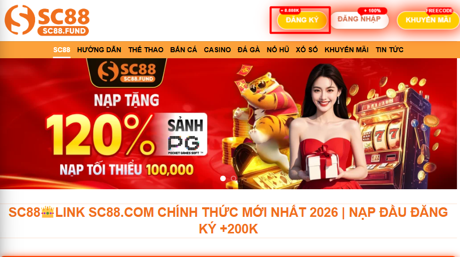 Nút đăng ký nổi bật ở góc phải màn hình